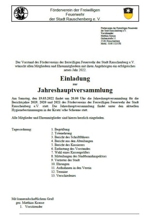 Förderverein der Freiwilligen Feuerwehr der Stadt Rauschenberg e. V. - Einladung zur Jahreshauptversammlung